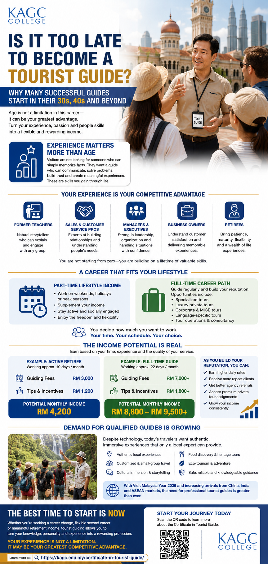 An infographic showing why successful guides begin their tour guiding in 30s, 40s and beyond.